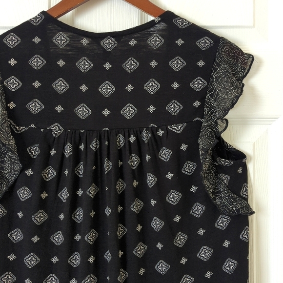 Lucky Brand Bohemian Printed Flutter Cap Sleeve Relaxed V-neck Blouse Black S - Picture 10 of 10